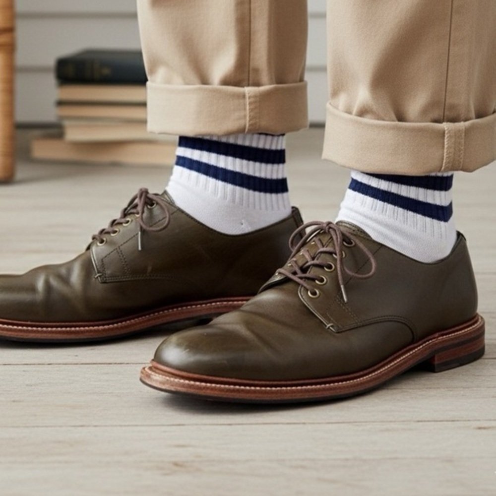 J.CREW Oar Stripe Italian Leather Derbys Oxfords Olive Green Khaki Men’s 9.5 D